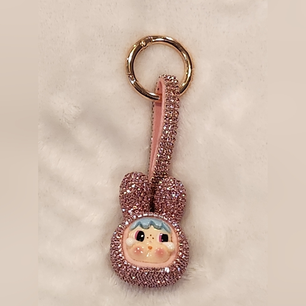 Crybaby Pink Glitter Rhinestone Bunny Keychain Bag Charm
